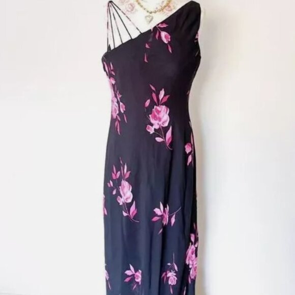 Evan-Picone Black Floral Maxi Dress Strappy Shoulder Size 16 Vintage - Picture 3 of 3